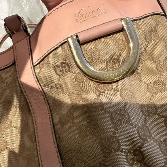 š„³HPš„³ Gucci GG pink bubble gum and tan canvas small leather trim tote bag - Picture 10 of 16